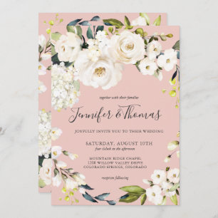 Elegant White Floral on Blush Pink Wedding Invitation