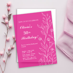 Elegant White Floral On Hot Pink 30th Birthday Vellum Invitations