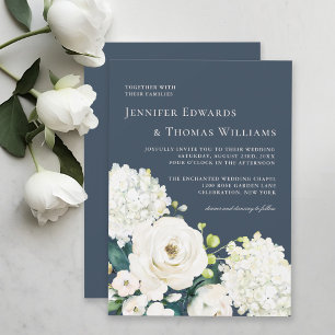 Elegant White Floral on Navy Blue Wedding Invitation