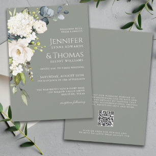 Elegant White Floral on Sage Green Wedding Invitation