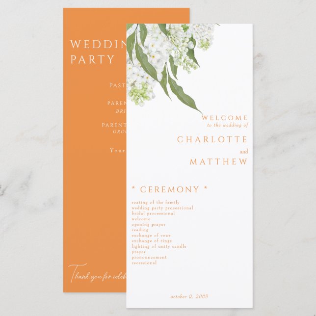 Elegant White Floral Orange Wedding Program (Front/Back)