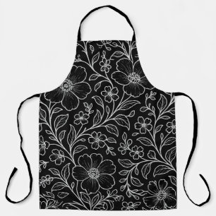 Elegant White Floral Pattern Black Apron