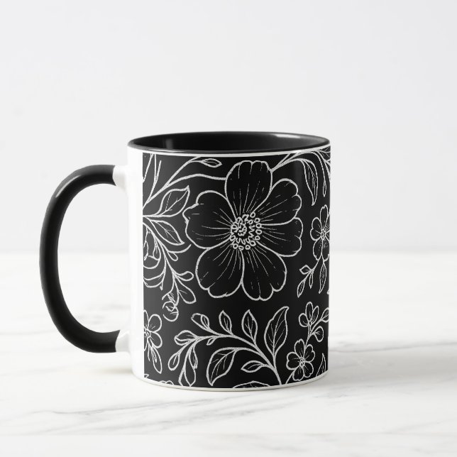 Elegant White Floral Pattern Black Mug (Left)