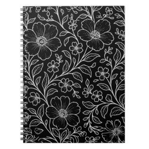 Elegant White Floral Pattern Black Notebook