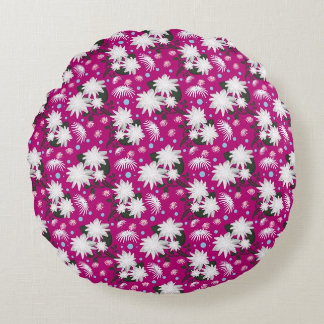 Elegant White Floral Pattern Botanical Design Round Cushion (Front)