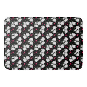 Elegant White Floral Pattern on Black Background Bath Mat