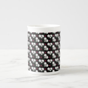 Elegant White Floral Pattern on Black Background Bone China Mug
