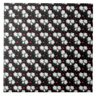 Elegant White Floral Pattern on Black Background Ceramic Tile