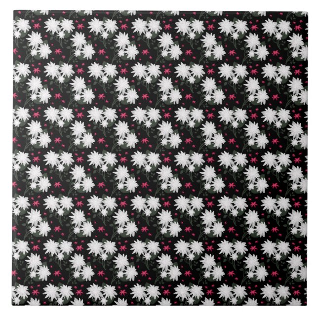 Elegant White Floral Pattern on Black Background Ceramic Tile (Front)