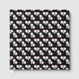 Elegant White Floral Pattern on Black Background Guest Book