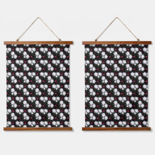 Elegant White Floral Pattern on Black Background Hanging Tapestry