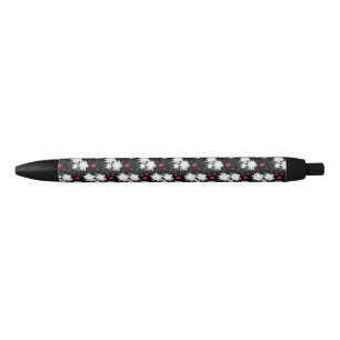 Elegant White Floral Pattern on Black Background Ink Pen