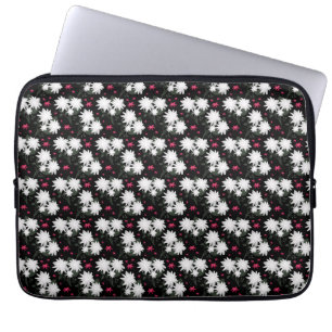 Elegant White Floral Pattern on Black Background Laptop Sleeve