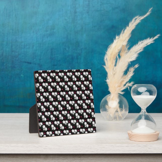Elegant White Floral Pattern on Black Background Plaque (Insitu)