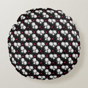 Elegant White Floral Pattern on Black Background Round Cushion