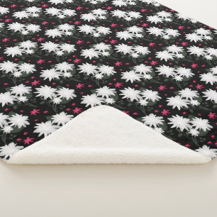 Elegant White Floral Pattern on Black Background Sherpa Blanket