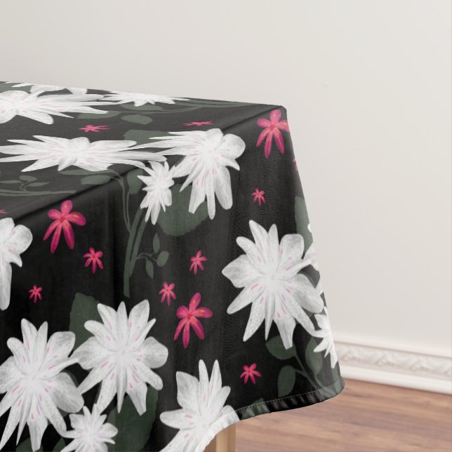 Elegant White Floral Pattern on Black Background Tablecloth (In Situ)