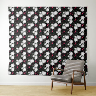 Elegant White Floral Pattern on Black Background Tapestry