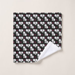 Elegant White Floral Pattern on Black Background Wash Cloth
