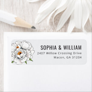 Elegant White Floral Peony Illustration Return Address Label