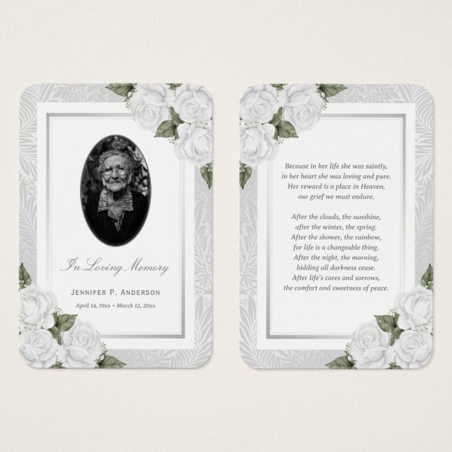 Elegant White Floral Photo Memorial Cards (Front & Back)