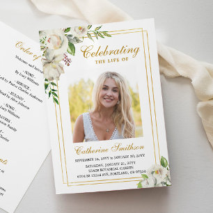 Elegant White Floral Photo Memorial Funeral Program