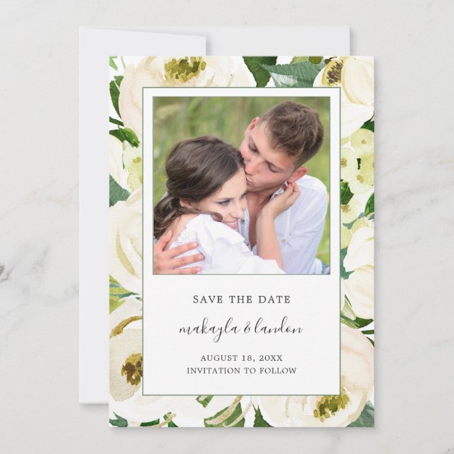 Elegant White Floral Photo Save The Date (Front)