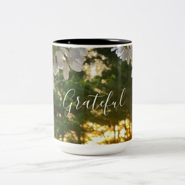 Elegant white floral photo sunrise pine trees Two-Tone coffee mug (Center)