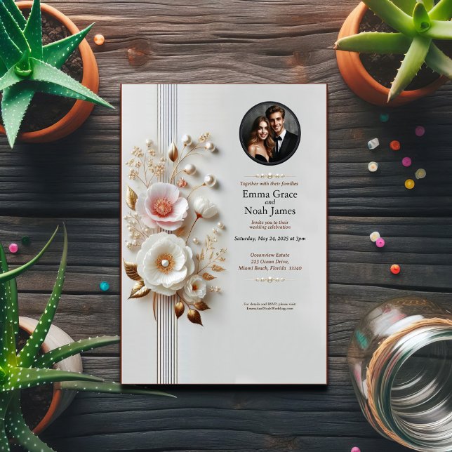 Elegant White Floral Photo Wedding Invitation (Creator Uploaded)