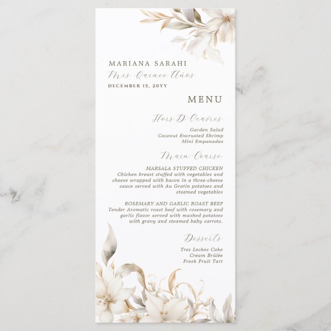 Elegant White Floral Quinceanera Food Drinks Menu (Front)