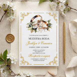 Elegant White Floral Ring Spanish Wedding Invitation