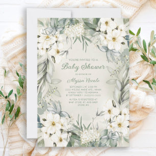 Elegant White Floral Sage Green Leaves Baby Shower Invitation
