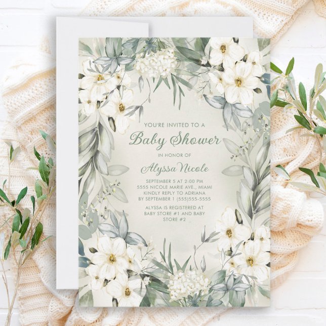 Elegant White Floral Sage Green Leaves Baby Shower Invitation (Creator Uploaded)