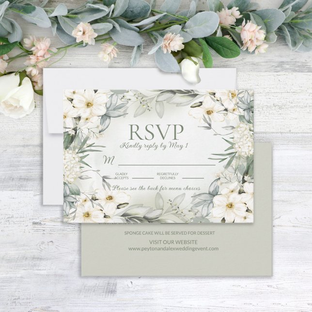 Elegant White Floral Sage Green Leaves Wedding RSV RSVP Card (Creator Uploaded)