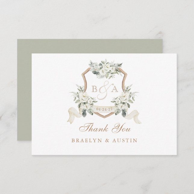 Elegant White Floral Sage Green Wedding Crest Thank You Card (Front/Back)