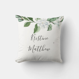 Elegant White Floral Sage Greenery Wreath Wedding Cushion