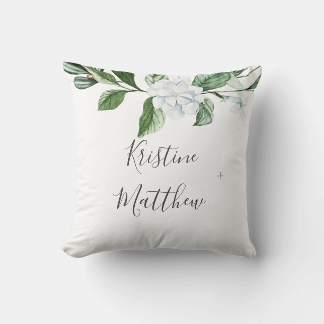 Elegant White Floral Sage Greenery Wreath Wedding Cushion (Front)