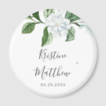 Elegant White Floral Sage Greenery Wreath Wedding Magnet<br><div class="desc">This elegant botanical floral wedding magnet features hand painted watercolor greenery with white magnolia flowers. Personalise with your names and wedding date. Designed by Susan Coffey.</div>