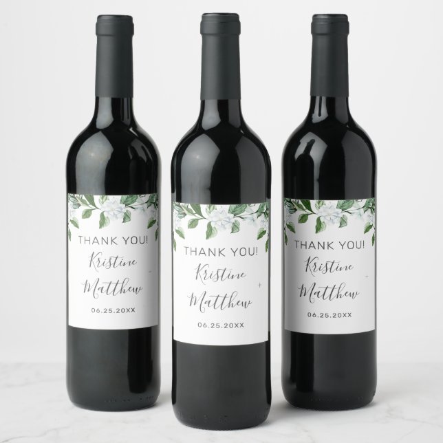 Elegant White Floral Sage Greenery Wreath Wedding Wine Label (Bottles)