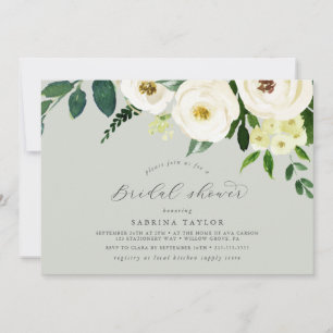 Elegant White Floral   Sage Mint Bridal Shower Invitation