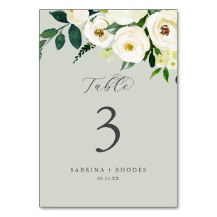 Elegant White Floral Sage Mint Table Number
