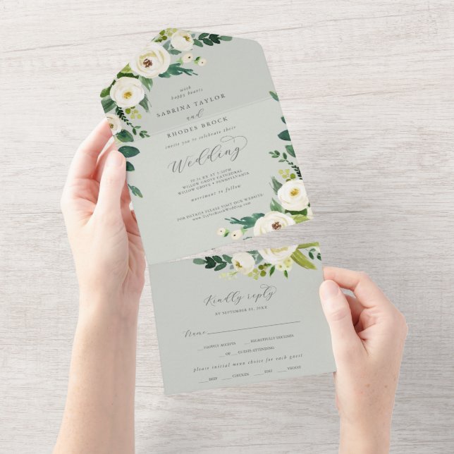 Elegant White Floral | Sage Mint Wedding All In One Invitation (Tearaway)