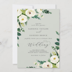 Elegant White Floral   Sage Mint Wedding Invitation
