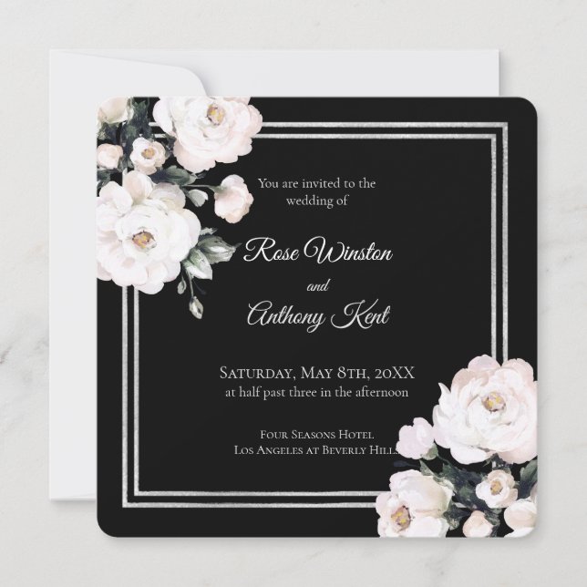 Elegant White Floral Silver Frame Black Wedding Invitation (Front)