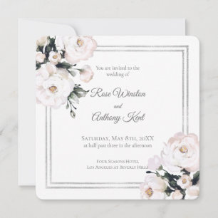 Elegant White Floral Silver Frame Wedding Invitation