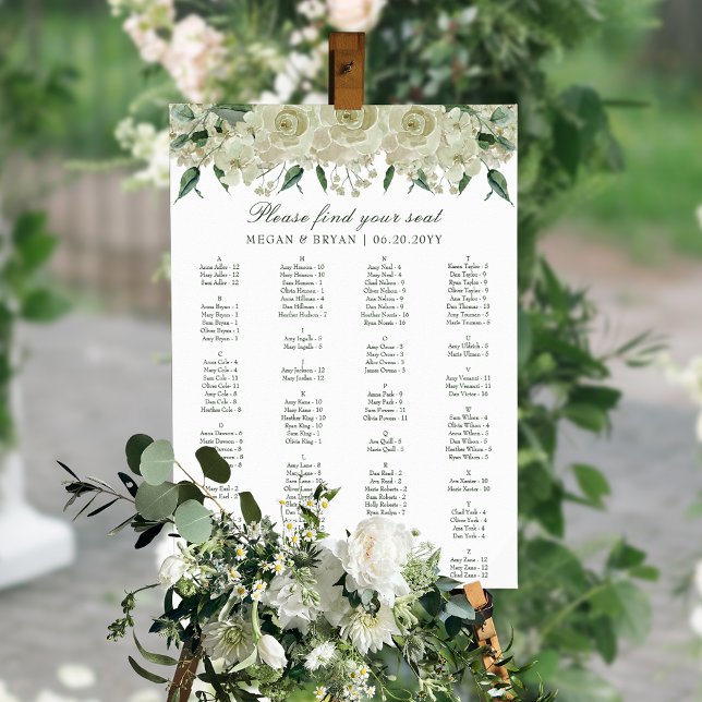 Elegant White Floral Simple Wedding Seating Chart (Elegant, simple wedding seating plan, perfect for spring or summer.)