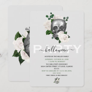 Elegant White Floral Skull Adult Halloween Party Invitation
