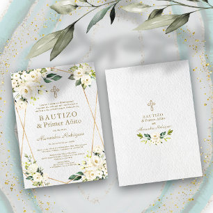 Elegant White Floral Spanish 1st Birthday Baptism Invitation