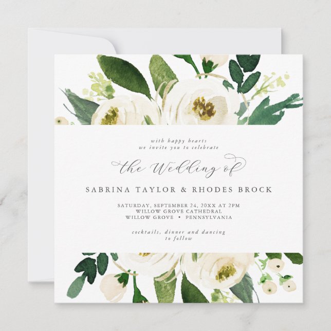 Elegant White Floral Square Wedding Invitation (Front)