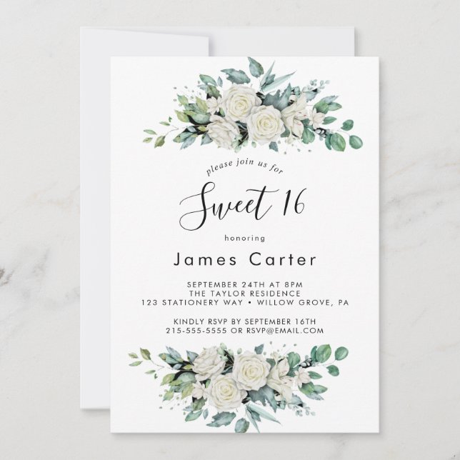 Elegant White Floral Sweet Sixteen Birthday  Invitation (Front)